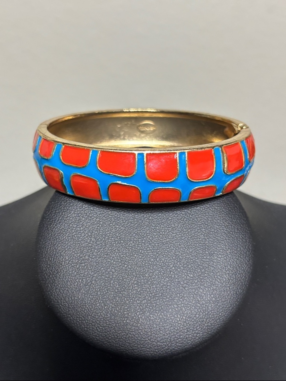 Fornash Gold Tone Clamper Bangle Bracelet Blue And Red Enamel Design